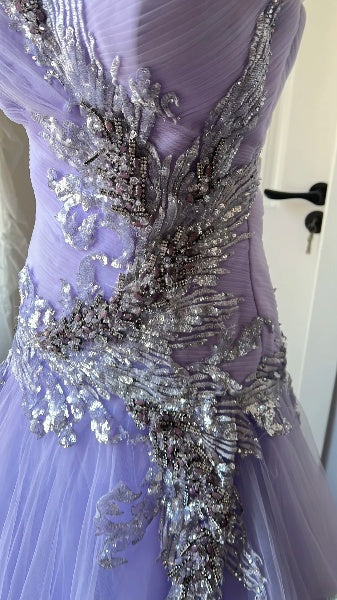 Langes fliederfarbenes Abendkleid im Meerjungfrau-Stil mit herzförmigem Ausschnitt und Spitzenapplikationen für Damen RC0450