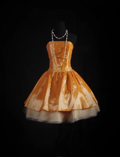Robe de bal bustier orange en taffetas ornée de perles, courte, idéale pour un 16e anniversaire, un bal de promo ou une soirée cocktail (AS082)