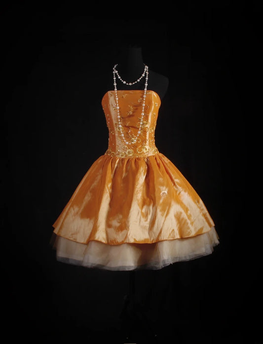 Niedliches, trägerloses Ballkleid aus orangefarbenem Taft mit Perlen, kurzes Kleid zum 16. Geburtstag, Homecoming-Kleid, Cocktailkleid AS082