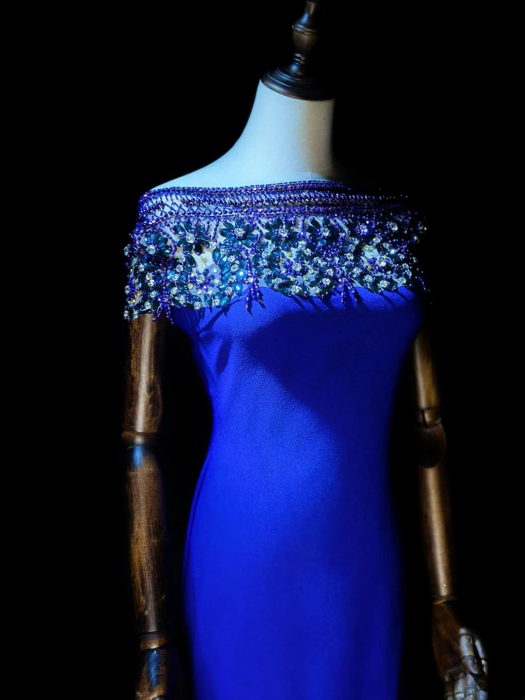 Vintage Prom Dresses Mermaid Off The Shoulder Royal Blue With Beading Crystals Long Evening Dress Formal Outfits RB5889