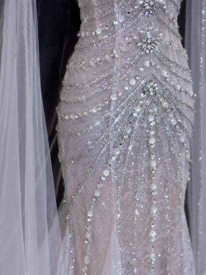 Robe de mariée intemporelle, style sirène romantique, bretelles spaghetti, en tulle orné de perles argentées, blanche, tailles petites et grandes, pour femme SA082