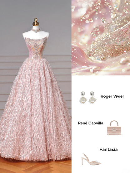 Robe de bal féérique bustier en tulle rose ornée de pierres précieuses, longue, élégante et perlée, idéale pour un bal de promo, une soirée ou un dîner (AQ082)