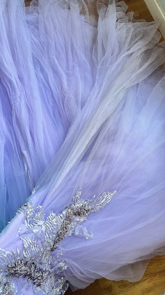 Langes fliederfarbenes Abendkleid im Meerjungfrau-Stil mit herzförmigem Ausschnitt und Spitzenapplikationen für Damen RC0450