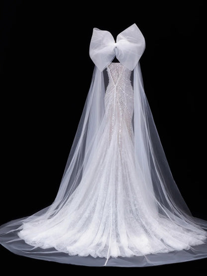 Robe de mariée intemporelle, style sirène romantique, bretelles spaghetti, en tulle orné de perles argentées, blanche, tailles petites et grandes, pour femme SA082