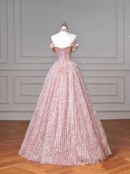 Robe de bal féérique bustier en tulle rose ornée de pierres précieuses, longue, élégante et perlée, idéale pour un bal de promo, une soirée ou un dîner (AQ082)
