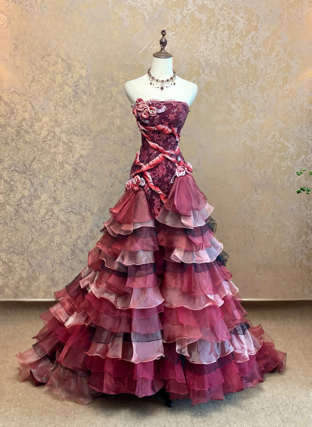 Elegant Lace Mermaid Prom Dress With Layers Tiered Strapless Long Evening Party Gown RB9060