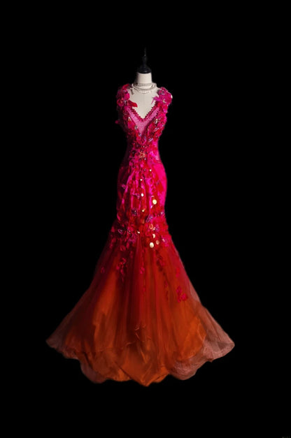 Robe de soirée longue sans manches en tulle rouge, col en V, style sirène rétro années 60 - Inspiration pour bal de fin d'année AS083