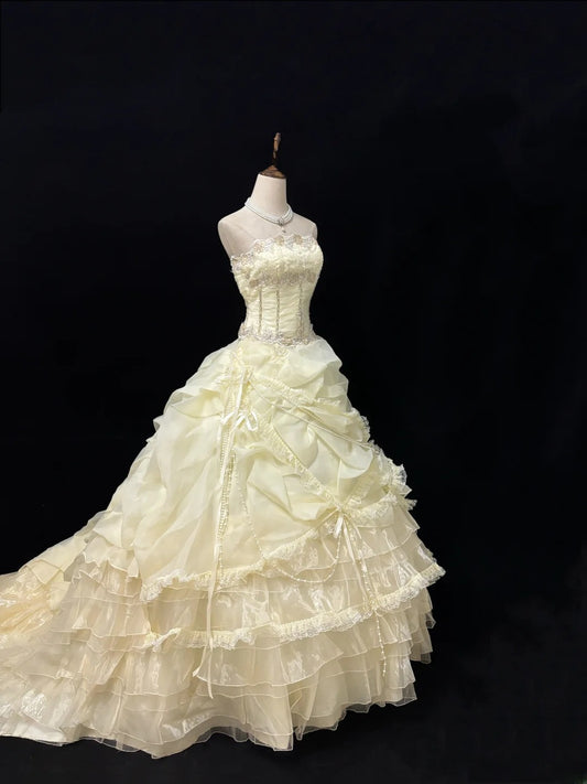 Vintage Ball Gown Strapless Cream Ivory Organza With Beading Lace Long Brides Gown Bridal Dress Wedding Dresses Style RB7454