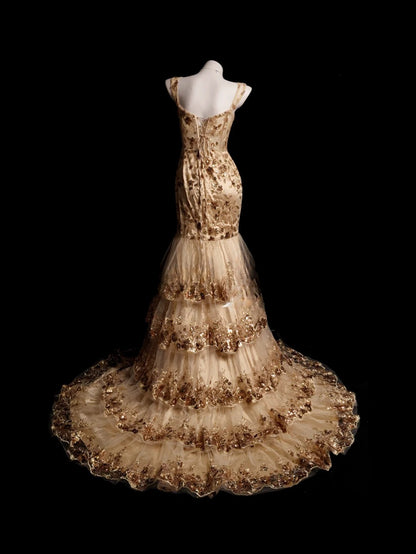 Gold Prom Dress Mermaid Spaghetti Straps Lace With Tiered Layers Slit Modest Formal Party Gown RB9884