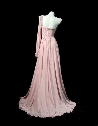 Vintage 80s Prom Dresses A line One Shoulder Pink Chiffon With Beading Long Evening Dress Formal Outfits RB5890