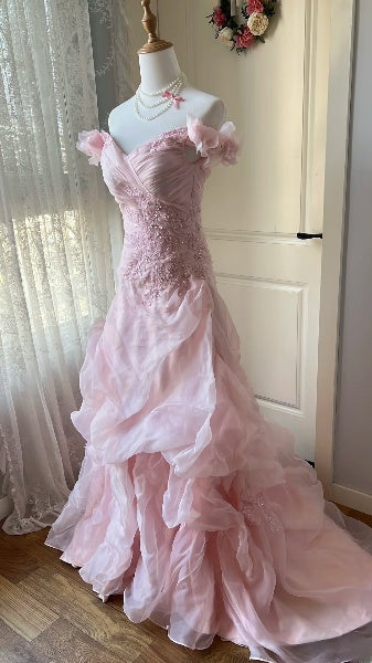 Langes rosafarbenes Meerjungfrau-Promkleid mit schulterfreiem Ausschnitt und Spitzenapplikationen, formelles Partykleid für Damen RC0451
