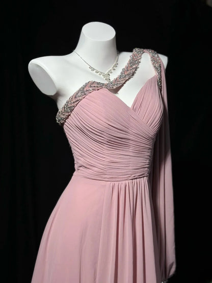 Vintage 80s Prom Dresses A line One Shoulder Pink Chiffon With Beading Long Evening Dress Formal Outfits RB5890