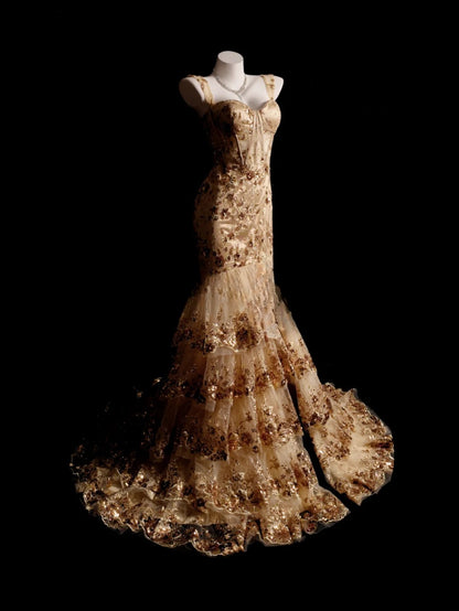 Gold Prom Dress Mermaid Spaghetti Straps Lace With Tiered Layers Slit Modest Formal Party Gown RB9884