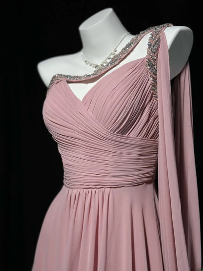 Vintage 80s Prom Dresses A line One Shoulder Pink Chiffon With Beading Long Evening Dress Formal Outfits RB5890