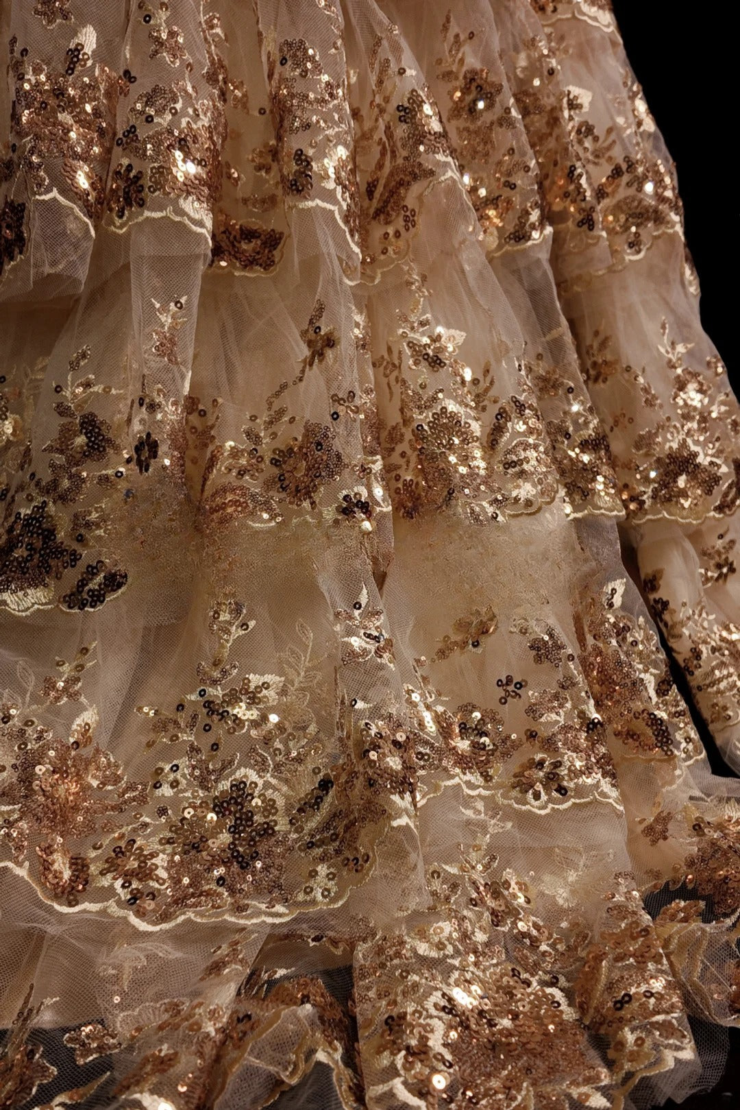 Gold Prom Dress Mermaid Spaghetti Straps Lace With Tiered Layers Slit Modest Formal Party Gown RB9884
