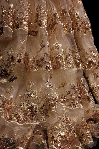 Gold Prom Dress Mermaid Spaghetti Straps Lace With Tiered Layers Slit Modest Formal Party Gown RB9884