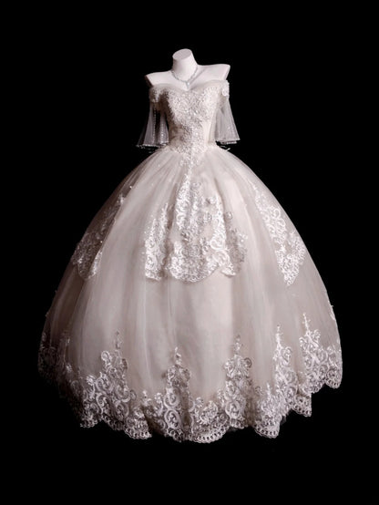 Princess Wedding Dress Ball Gown Off Shoulder White Tulle With Half Sleeves Bridal Gown for Big Day RB9885