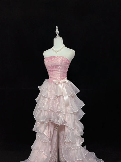 Vintage High Low Strapless Pink Chiffon With Tiered Layers Prom Dress Formal Dress Party Dresses RB7455