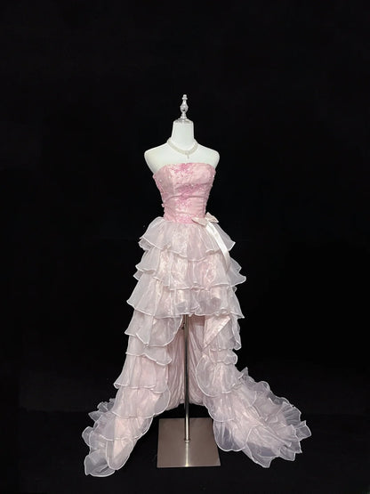 Vintage High Low Strapless Pink Chiffon With Tiered Layers Prom Dress Formal Dress Party Dresses RB7455