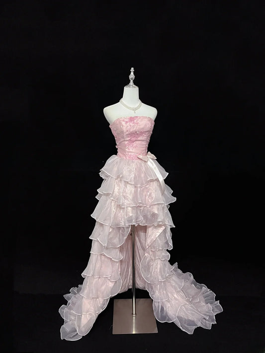 Vintage High Low Strapless Pink Chiffon With Tiered Layers Prom Dress Formal Dress Party Dresses RB7455