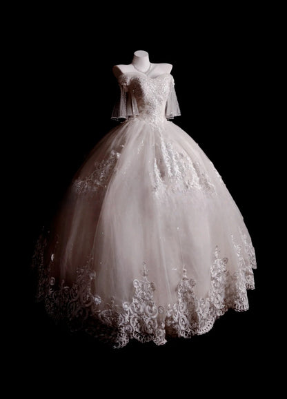 Princess Wedding Dress Ball Gown Off Shoulder White Tulle With Half Sleeves Bridal Gown for Big Day RB9885