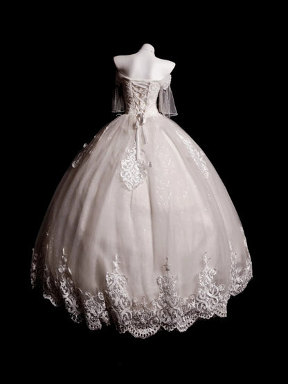 Princess Wedding Dress Ball Gown Off Shoulder White Tulle With Half Sleeves Bridal Gown for Big Day RB9885