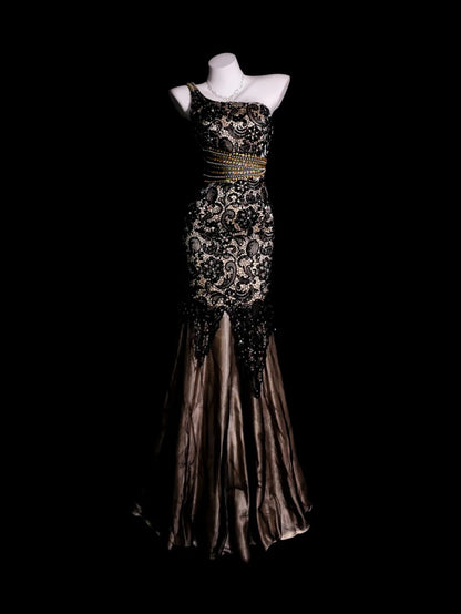 Black Prom Dress Mermaid One Shoulder Lace With Beading Modest Formal Party Gown RB9886