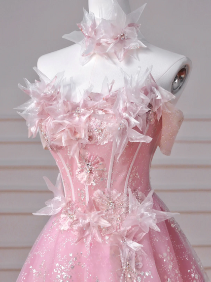 Fairy-tale Ball Gown Strapless Pink Tulle With Flowers Long Formal Fancy Beaded Prom Evening Dress Dinner Outfits Party Gowns AQ085