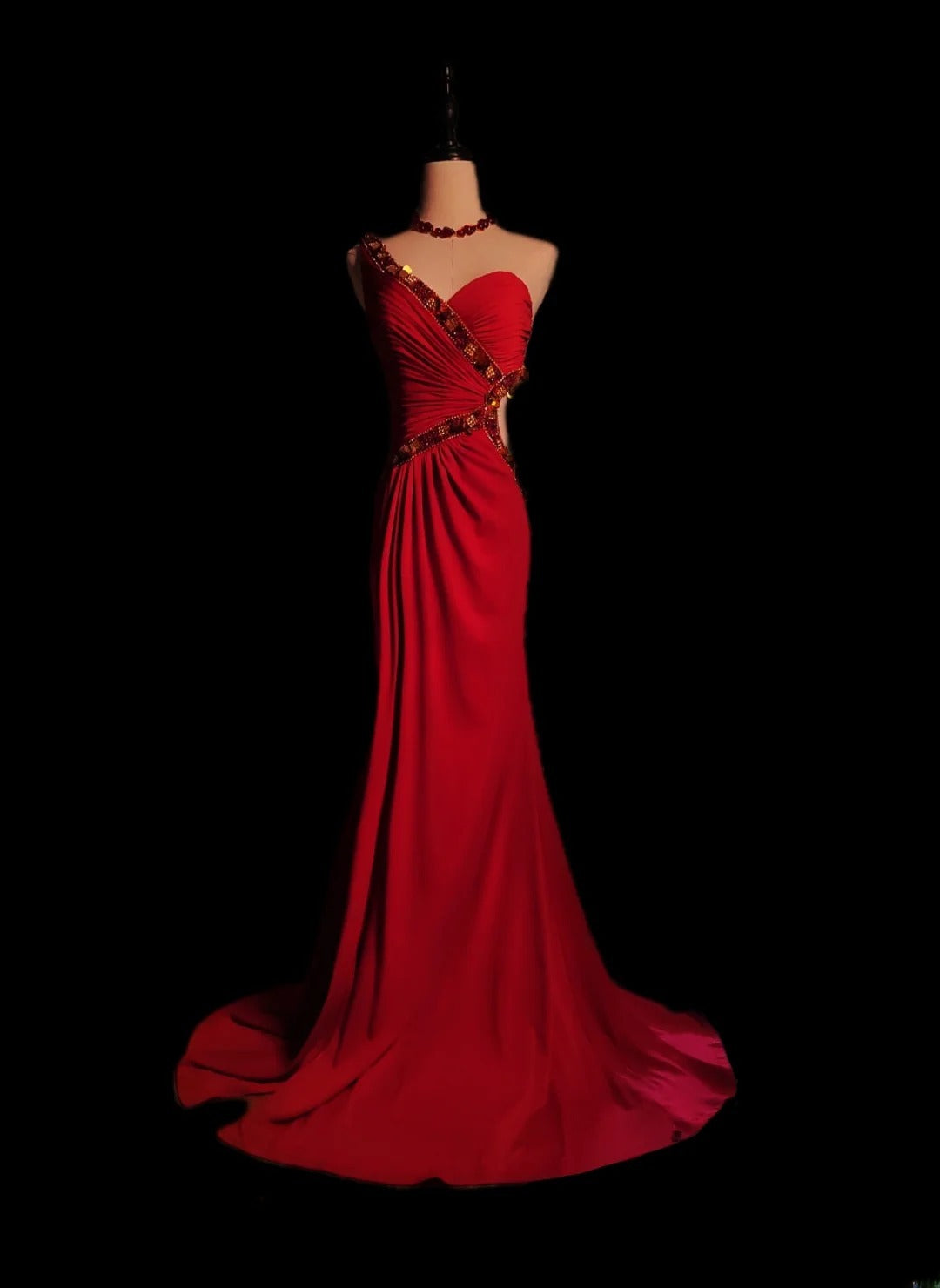Robe de bal longue sirène classique à une épaule en mousseline rouge sans manches ornée de perles, tenue de soirée pour la remise des diplômes de fin d'études secondaires AS085