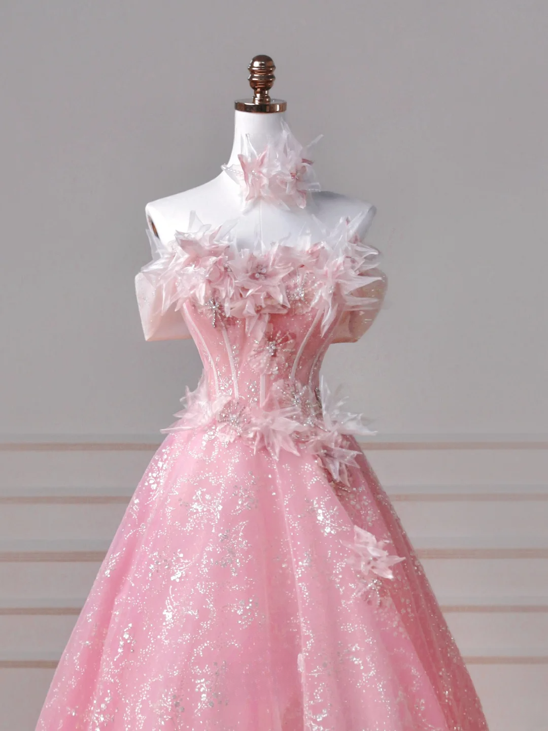 Fairy-tale Ball Gown Strapless Pink Tulle With Flowers Long Formal Fancy Beaded Prom Evening Dress Dinner Outfits Party Gowns AQ085