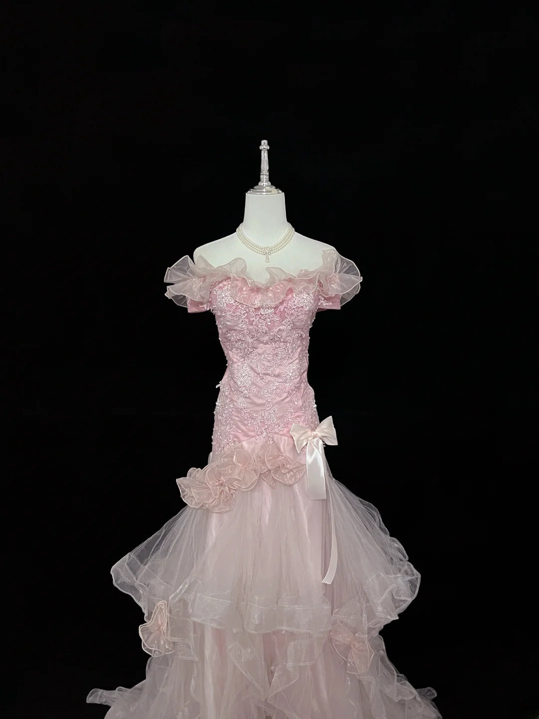 Vintage Mermaid Off The Shoulder Pink Tulle With Tiered Layers Prom Dress Formal Dress Party Dresses RB7456
