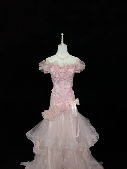 Vintage Mermaid Off The Shoulder Pink Tulle With Tiered Layers Prom Dress Formal Dress Party Dresses RB7456