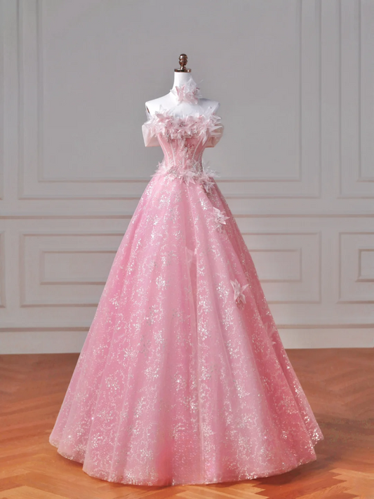 Märchenhaftes, trägerloses, langes, elegantes Ballkleid aus rosa Tüll mit Blumenbesatz und Perlenstickerei, perfekt für Abschlussball, Abendveranstaltung oder Party (AQ085)
