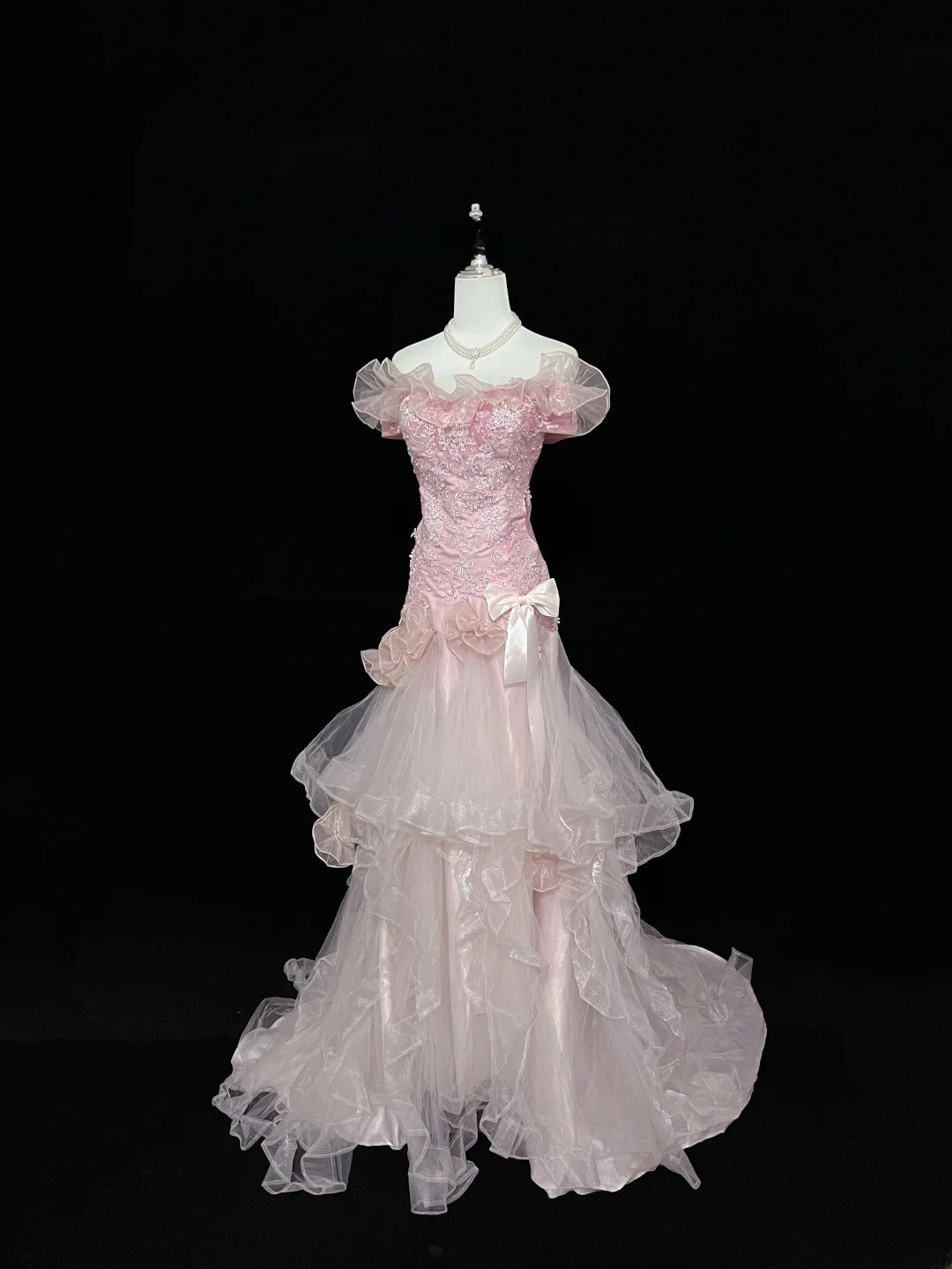 Vintage Mermaid Off The Shoulder Pink Tulle With Tiered Layers Prom Dress Formal Dress Party Dresses RB7456