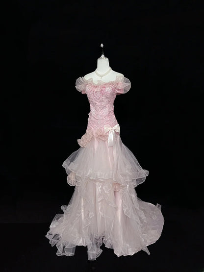 Vintage Mermaid Off The Shoulder Pink Tulle With Tiered Layers Prom Dress Formal Dress Party Dresses RB7456