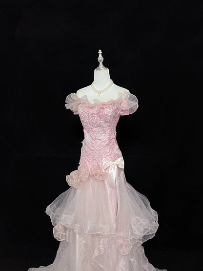 Vintage Mermaid Off The Shoulder Pink Tulle With Tiered Layers Prom Dress Formal Dress Party Dresses RB7456