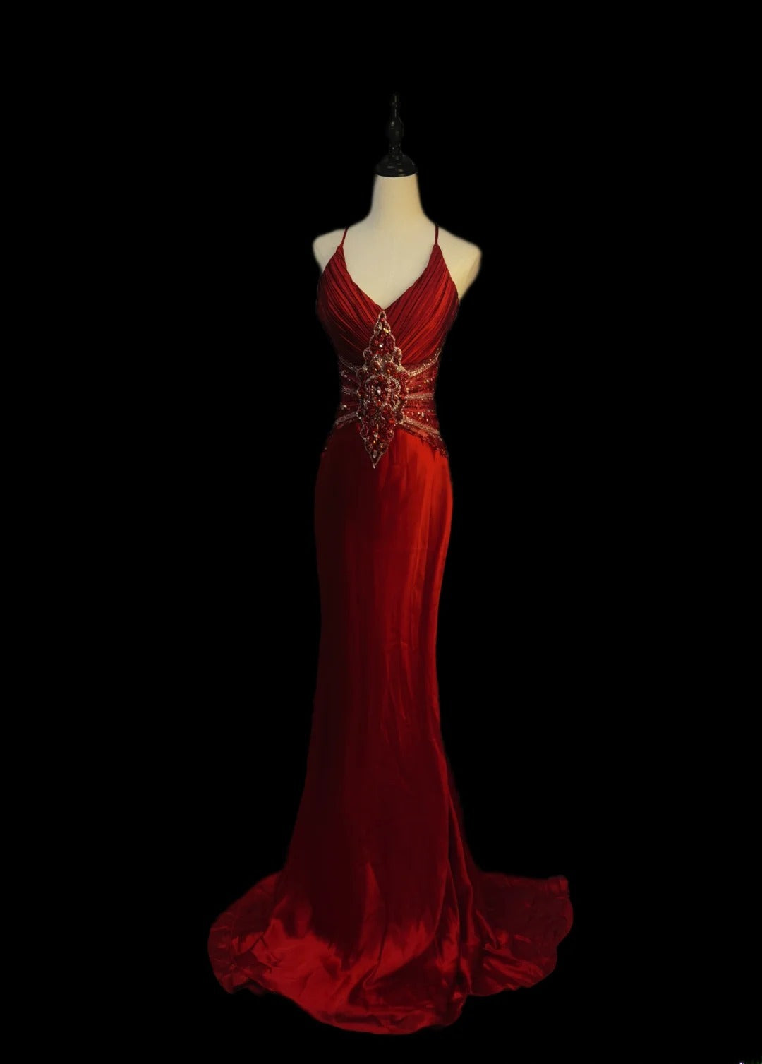 Robe de bal longue vintage bordeaux à fines bretelles et perles, style sirène, sans manches, pour les élèves de terminale (AS086)