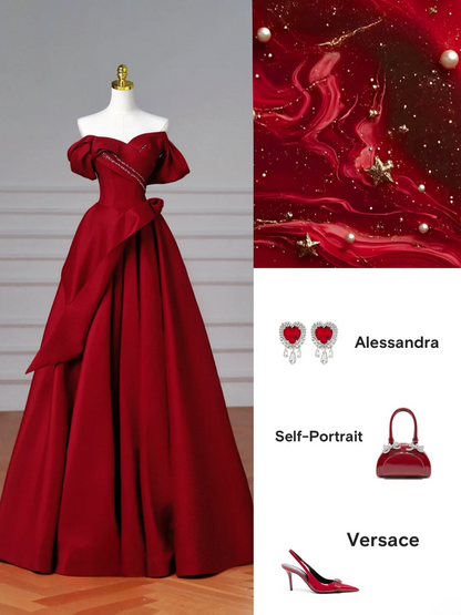 Robe de bal élégante à épaules dénudées en satin bordeaux, longue et habillée, idéale pour un bal de fin d'année ou une soirée. AQ086