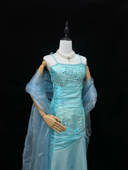 Vintage Mermaid Spaghetti Strap Blue Satin With Scarf Long Prom Dress Formal Outfits Party Dresses RB7457