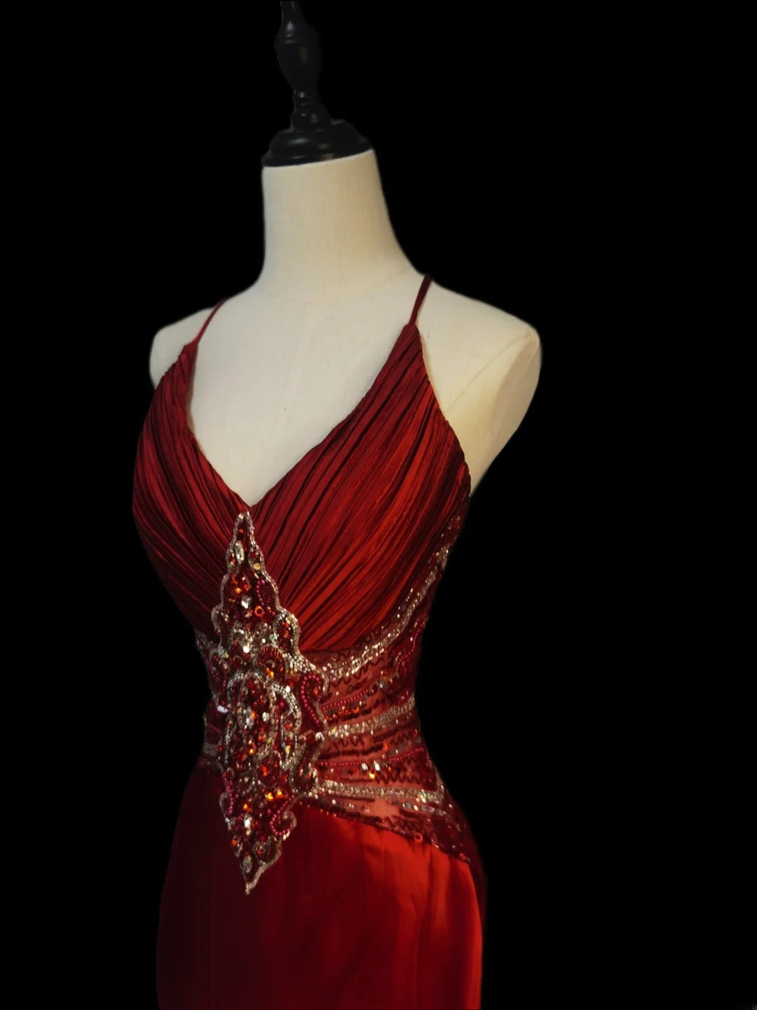 Robe de bal longue vintage bordeaux à fines bretelles et perles, style sirène, sans manches, pour les élèves de terminale (AS086)