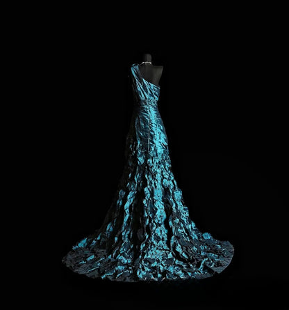 Vintage Mermaid One Shoulder Teal Taffeta Long Prom Dress With Ruffled Formal Dress Party Dresses RB7076