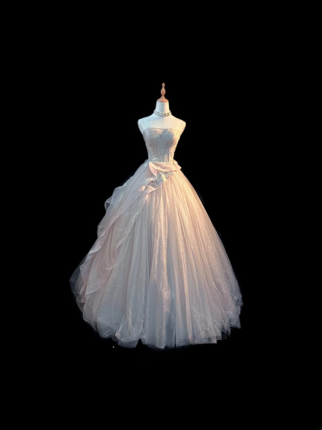 Prinzessin Ballkleid Trägerlos Hellrosa Ärmellos mit Applikationen Langes Quinceanera Kleid Vestido de 15 de Cenicienta RB3479