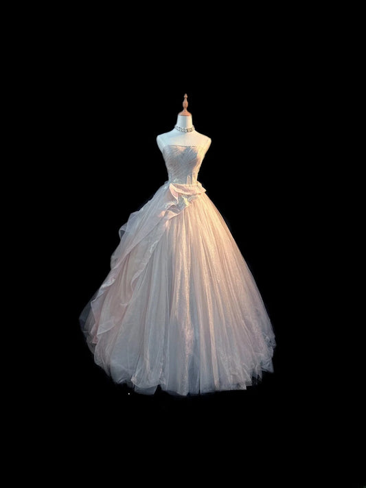Prinzessin Ballkleid Trägerlos Hellrosa Ärmellos mit Applikationen Langes Quinceanera Kleid Vestido de 15 de Cenicienta RB3479