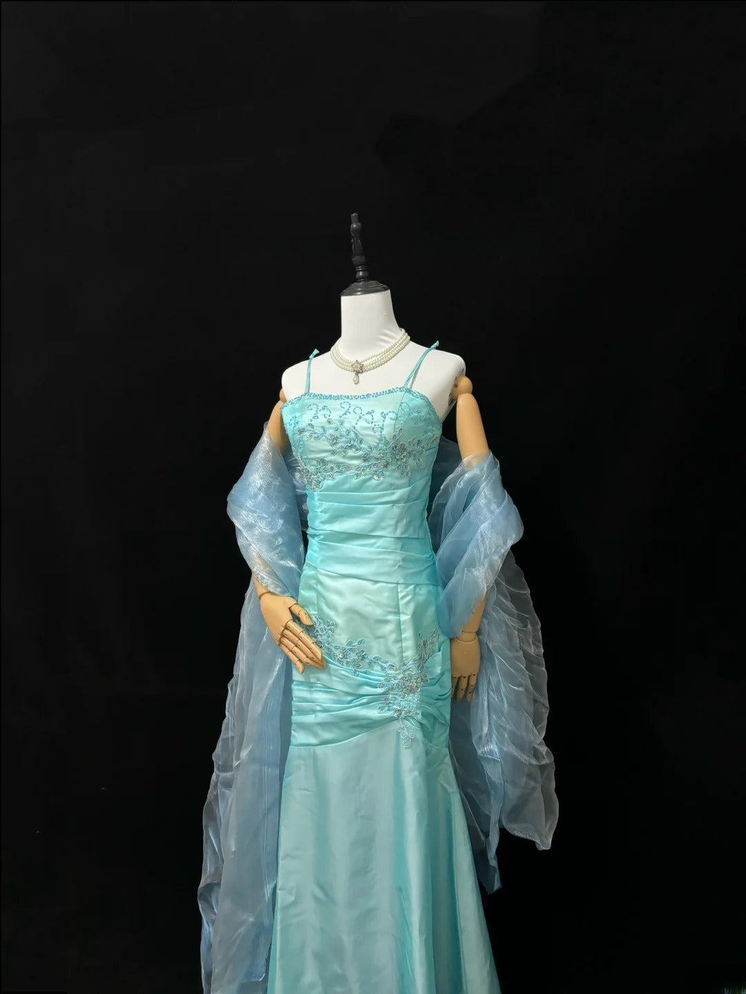 Vintage Mermaid Spaghetti Strap Blue Satin With Scarf Long Prom Dress Formal Outfits Party Dresses RB7457