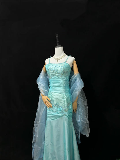 Vintage Mermaid Spaghetti Strap Blue Satin With Scarf Long Prom Dress Formal Outfits Party Dresses RB7457