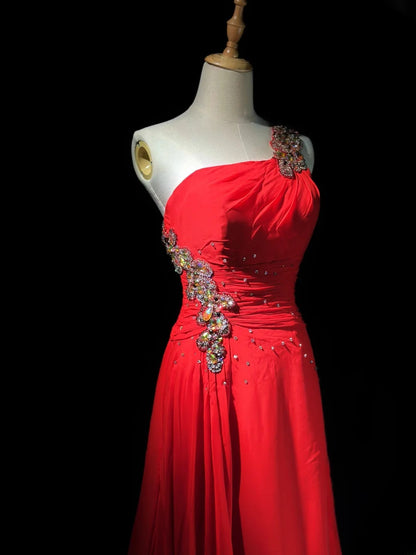 Vintage 80s Prom Dresses A line One Shoulder Red Chiffon With Beading Long Evening Dress Formal Outfits RB5893