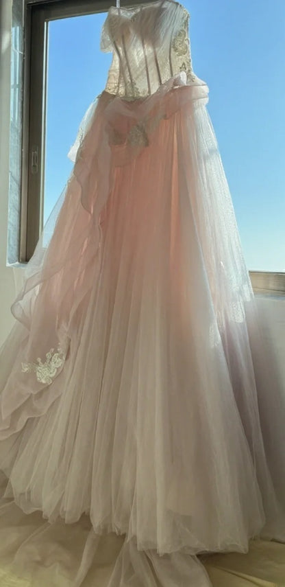 Prinzessin Ballkleid Trägerlos Hellrosa Ärmellos mit Applikationen Langes Quinceanera Kleid Vestido de 15 de Cenicienta RB3479