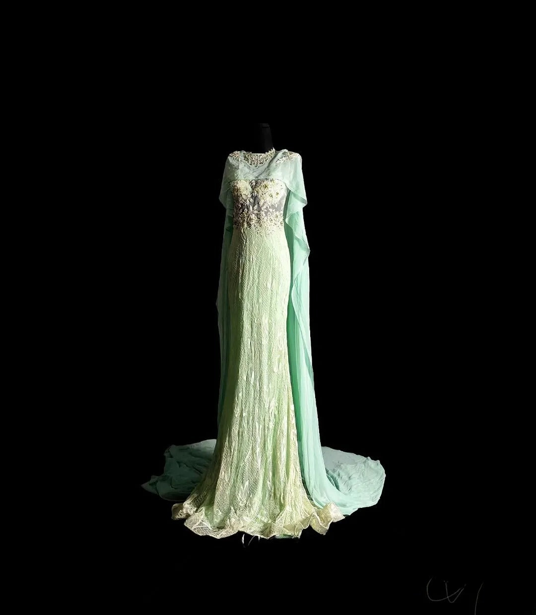 Vintage Mermaid Scoop Neck Mint Green Lace Long Prom Dress With Cape Formal Dress Party Dresses RB7077