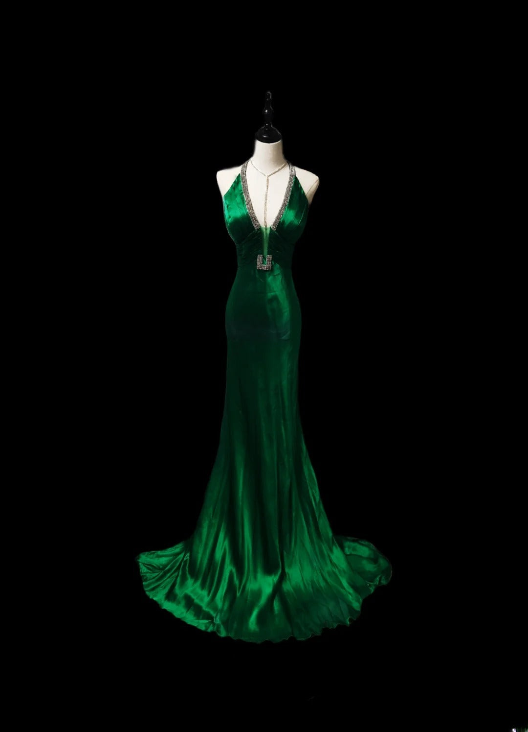Robe de bal longue sans manches en satin vert satiné, style sirène vintage, dos nu, ornée de perles, pour les élèves de terminale (AS087)