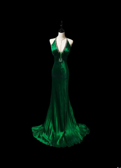 Robe de bal longue sans manches en satin vert satiné, style sirène vintage, dos nu, ornée de perles, pour les élèves de terminale (AS087)
